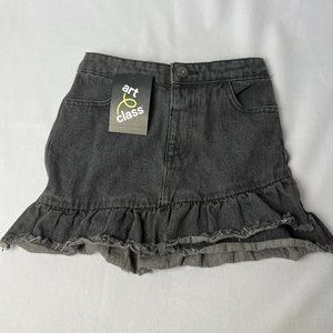 Art Class Girls Black Denim Skirt Sz 5T Elastic Waist Snap Closure Ruffled Hem